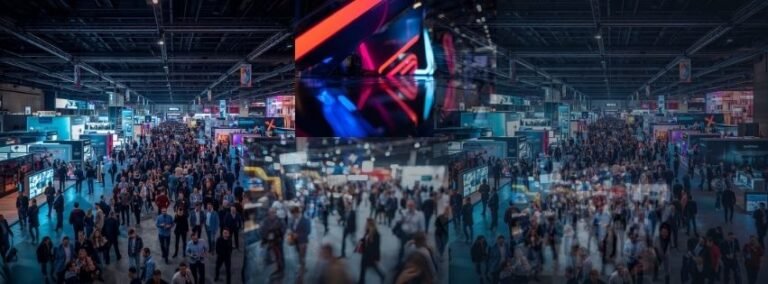 Crowded expo hall with vibrant displays.